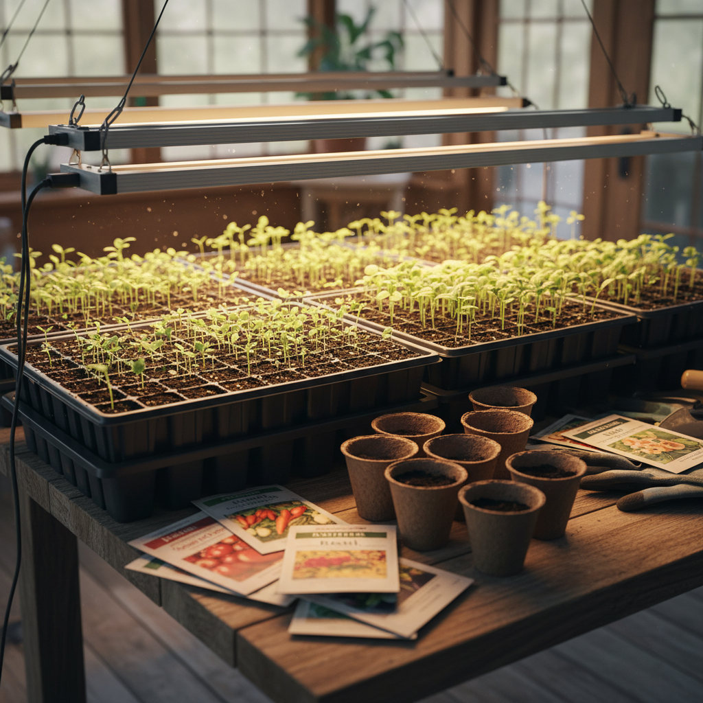Seedlings sprouting in starter trays under grow lights indoors
