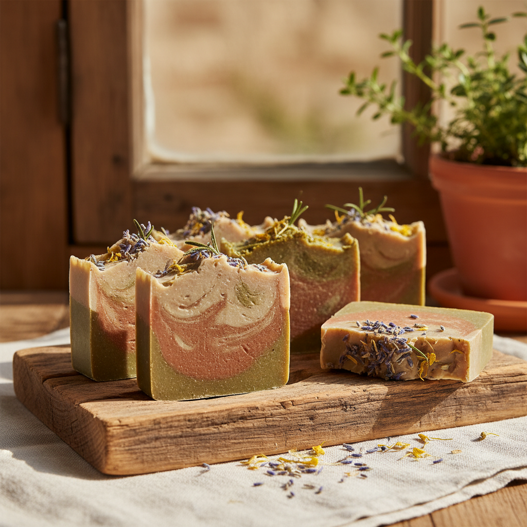 Handmade natural cold process soap bars with dried lavender and herbs