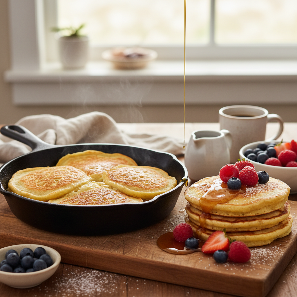 Golden sourdough discard pancakes cooking in a cast iron skillet