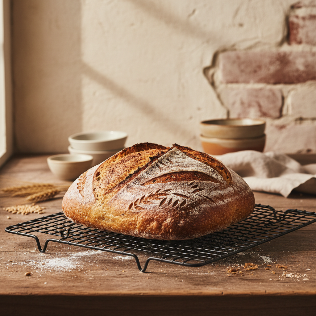 Beautifully scored fresh baked sourdough bread loaf on a cooling rack