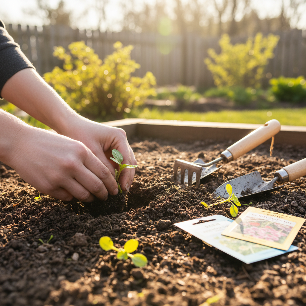 Hands planting seedlings in rich garden soil in spring