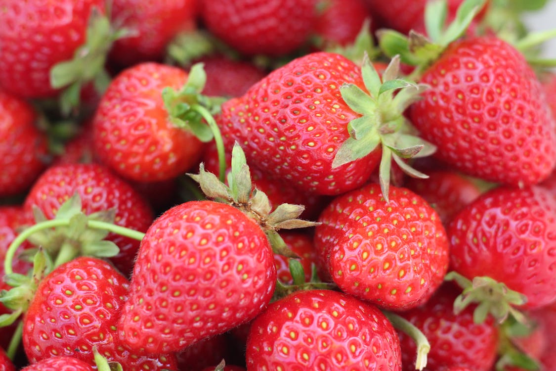 Ripe red strawberries growing in a garden