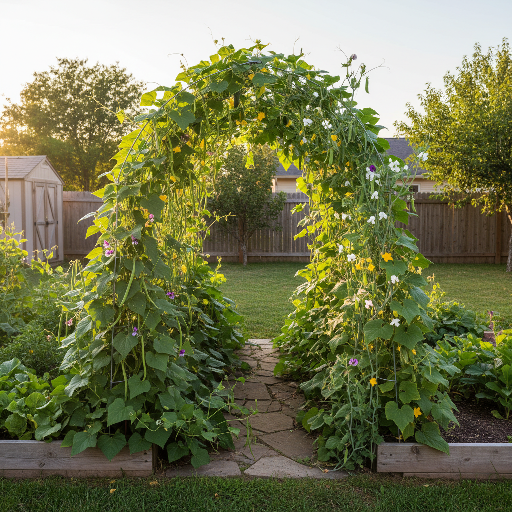 Climbing vegetables growing up a trellis arch in a productive backyard garden