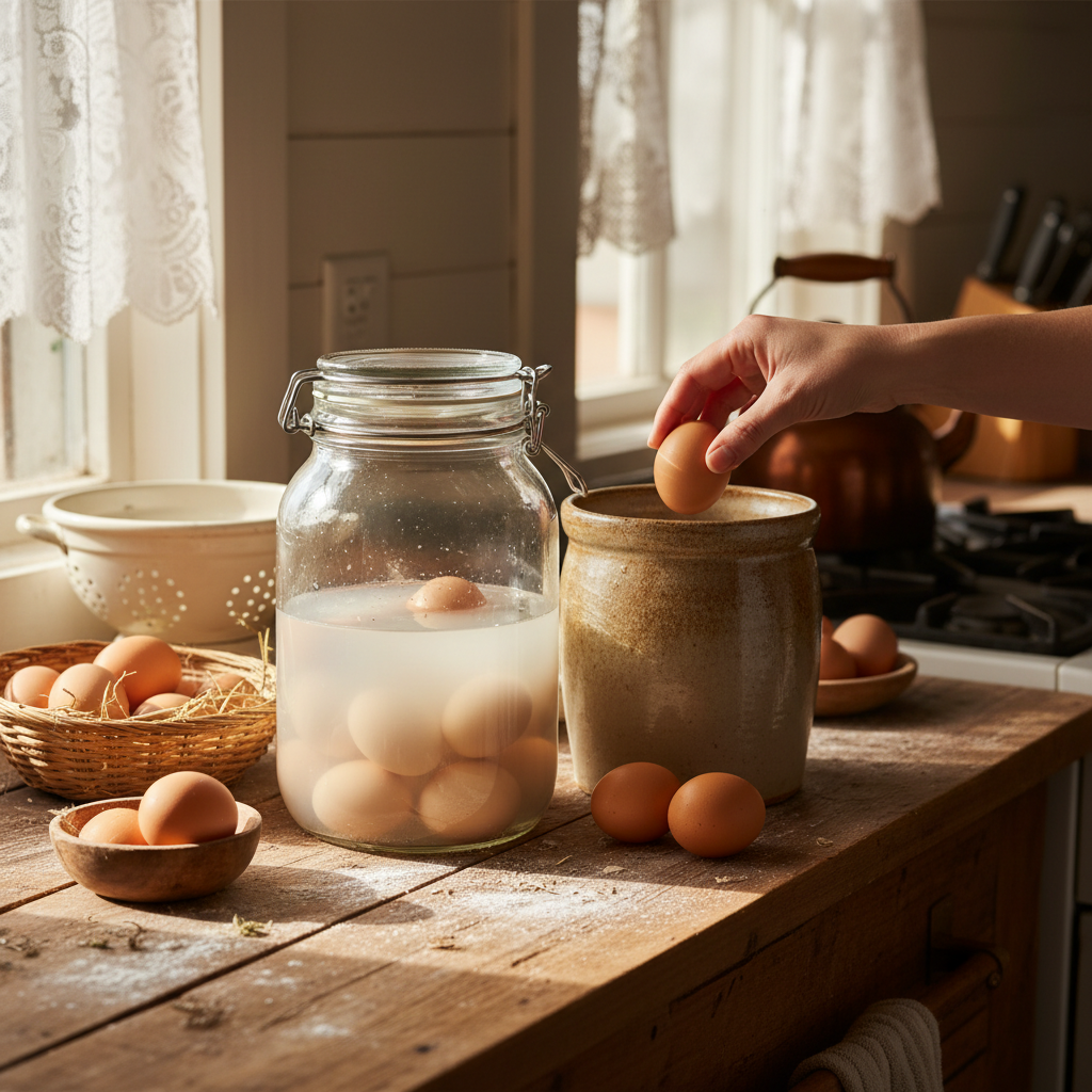 Fresh eggs being placed into a jar of water glassing solution