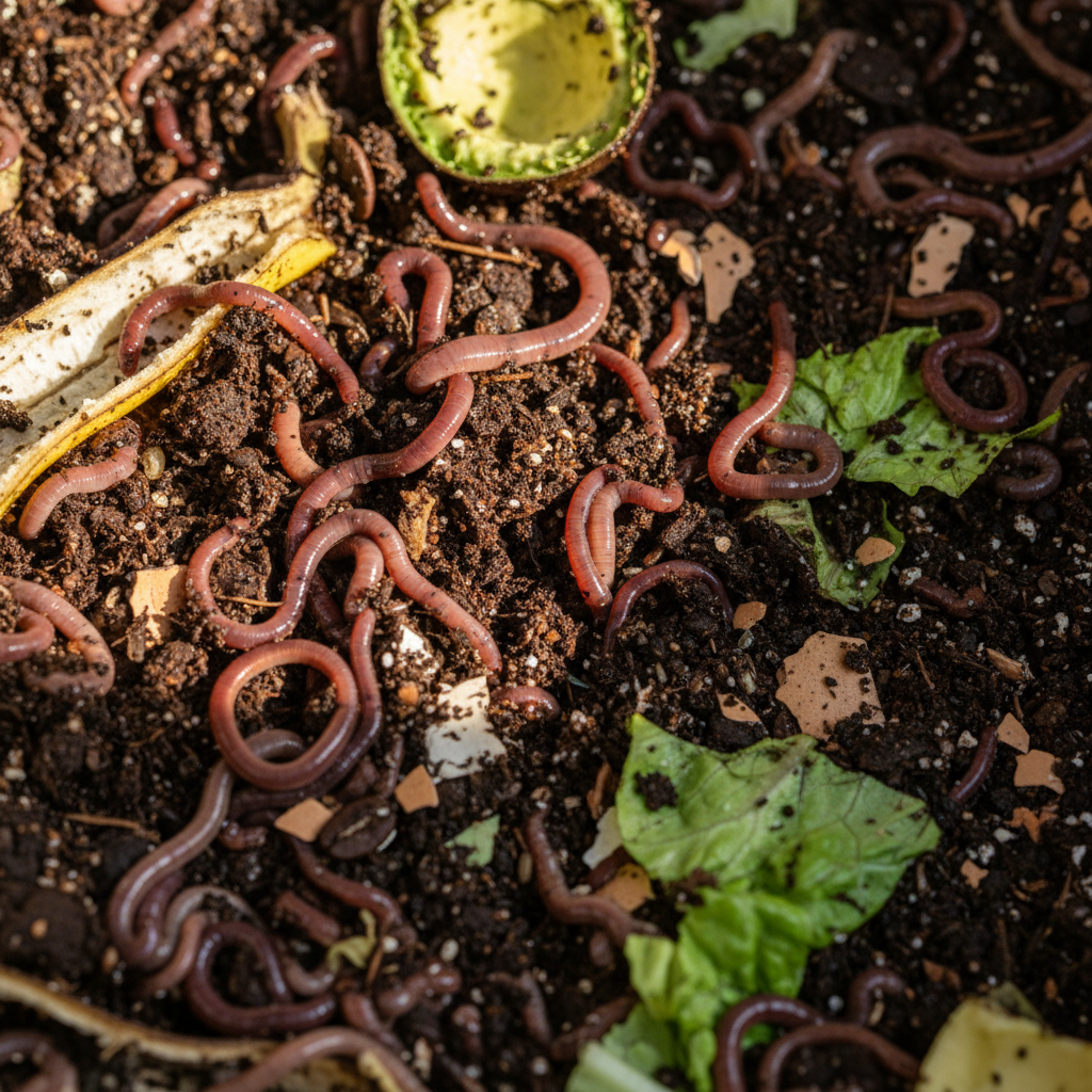 Red wiggler worms in rich dark vermicompost soil