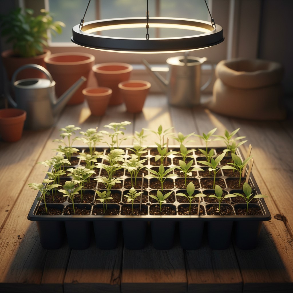 Tray of healthy young vegetable seedlings growing under warm grow light on a rustic wooden table