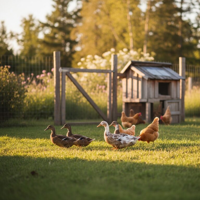 Brown and white ducks waddling next to a flock of buff colored chickens on green grass with a rustic coop in the background