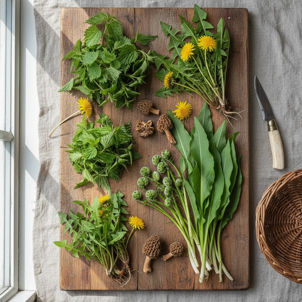 Overhead flat lay of foraged spring wild edibles including nettle, dandelion, ramps, fiddleheads, and morel mushrooms on a rustic wooden board