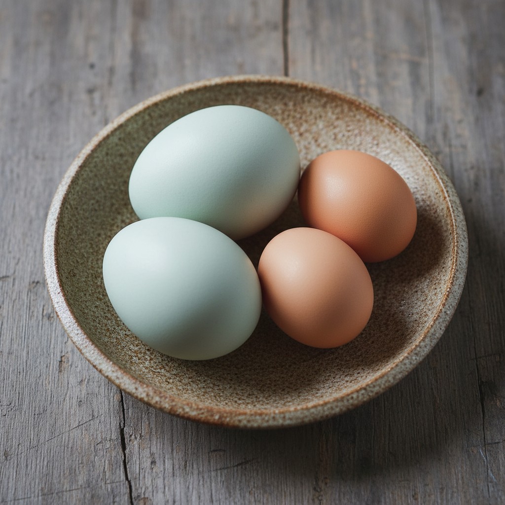 Three large pale duck eggs and three smaller brown chicken eggs side by side on a ceramic plate