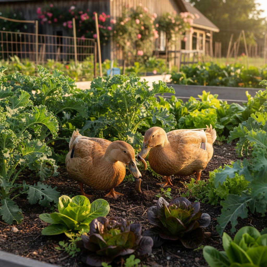 Two khaki campbell ducks foraging through a vegetable garden bed eating slugs