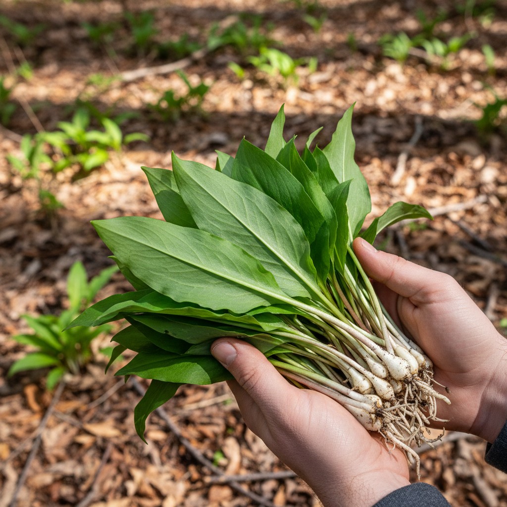 Hands holding a small bundle of freshly harvested wild ramps in a sunlit woodland