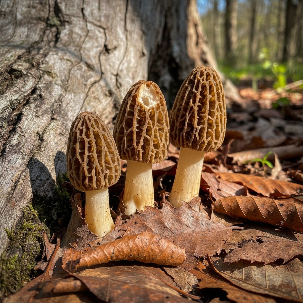 Three honeycomb-textured morel mushrooms growing through fallen leaves at the base of a tree