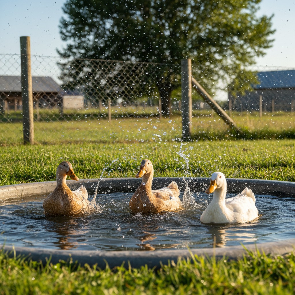 Three happy ducks splashing in a small backyard pond on a sunny homestead