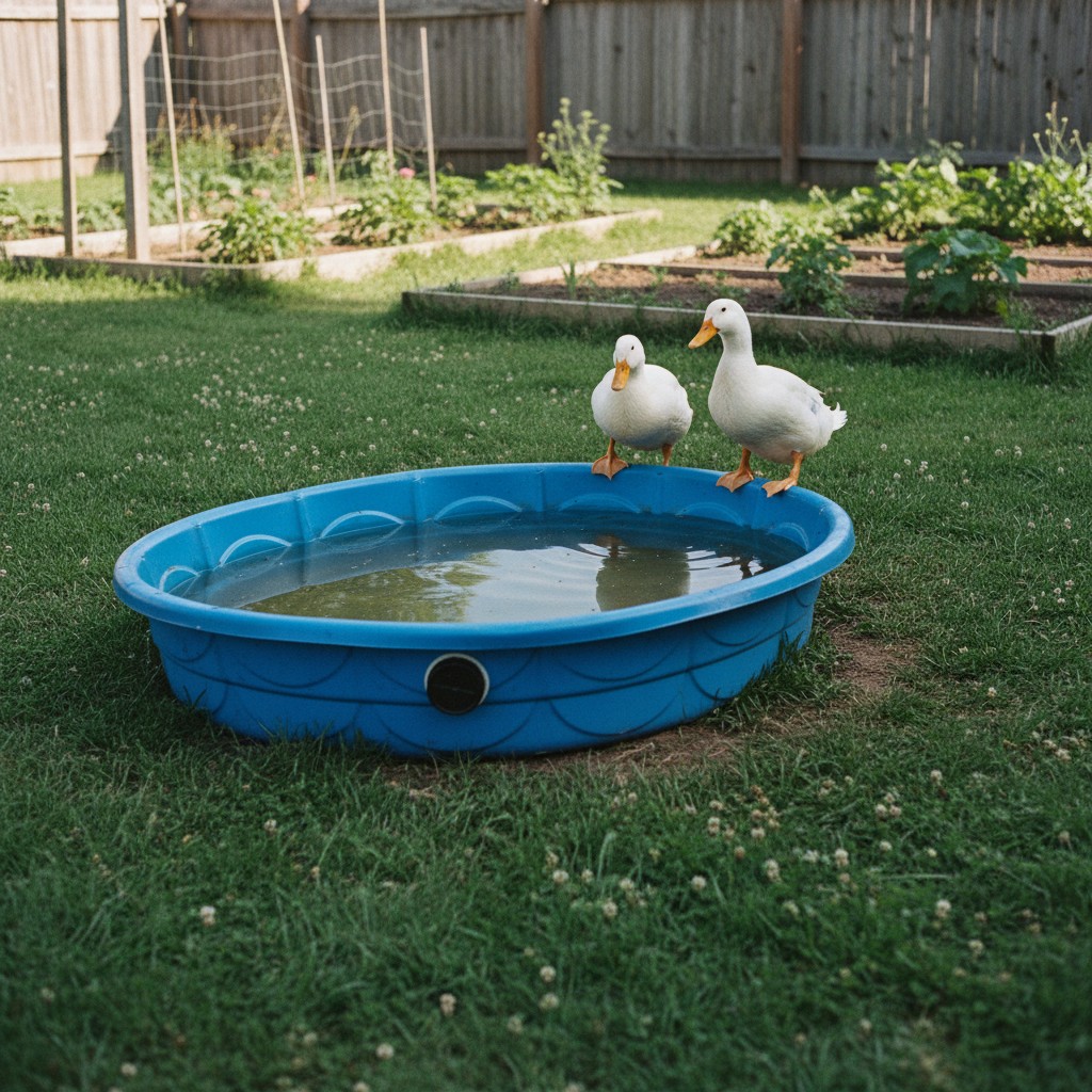 Budget hard plastic kiddie pool used as a simple duck pond with drainage plug