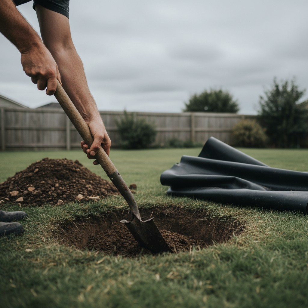 Digging a kidney-shaped hole with a shovel next to a folded EPDM pond liner