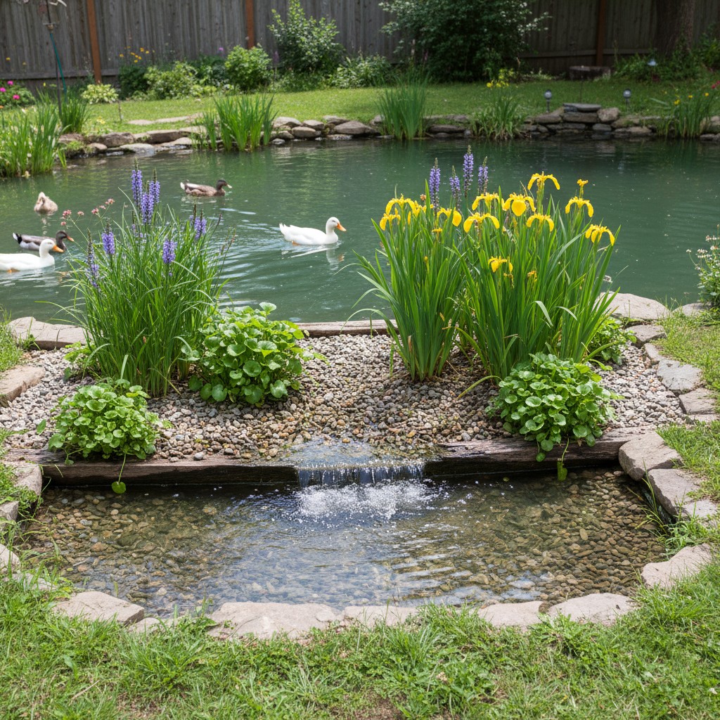 Gravel bog filter planted with pickerelweed and iris filtering duck pond water