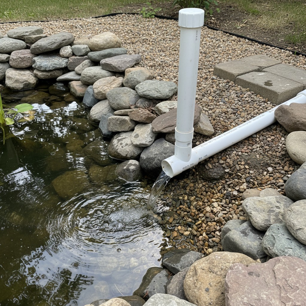 PVC drain and overflow standpipe installed at the edge of a small backyard pond