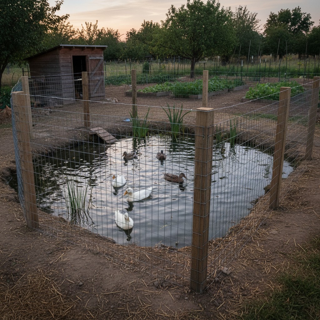 Welded wire fence with electric wire protecting a backyard duck pond at dusk