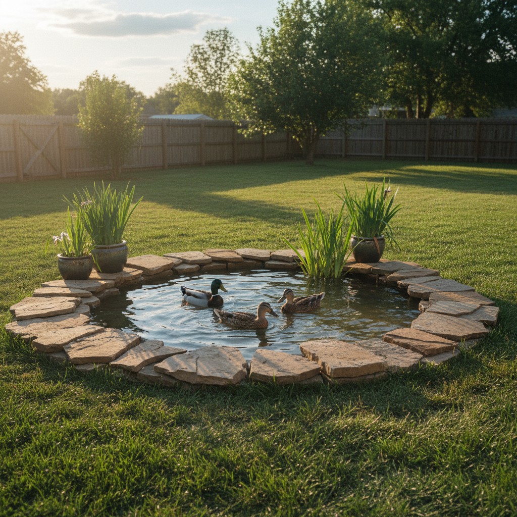 Finished beginner-friendly backyard duck pond with stone edging and two ducks