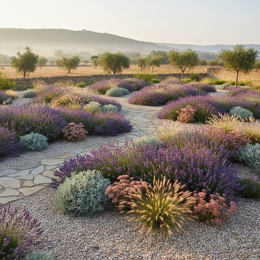 Established gravel garden with lavender, santolina, sedum, and ornamental grasses