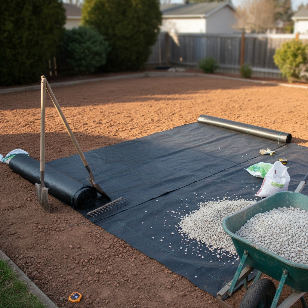 Preparing ground for a new gravel garden with landscape fabric and tools
