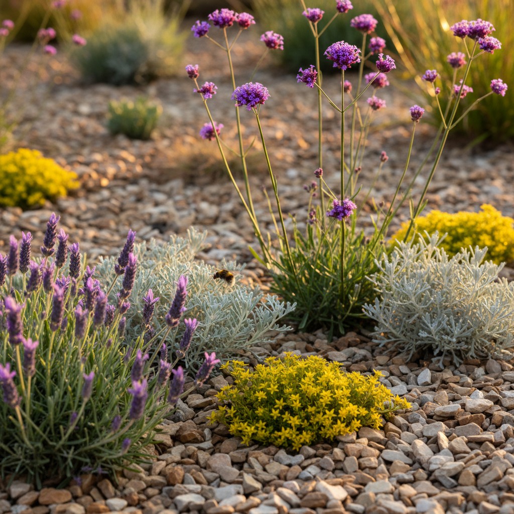 Drought-tolerant lavender, santolina, sedum, and verbena thriving in gravel mulch