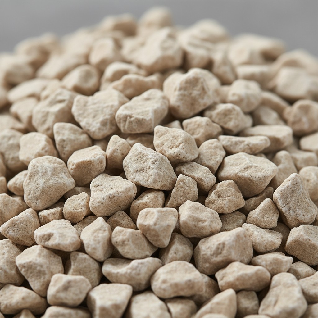 Close-up of pale angular quarry gravel showing sharp 3/8 inch stones