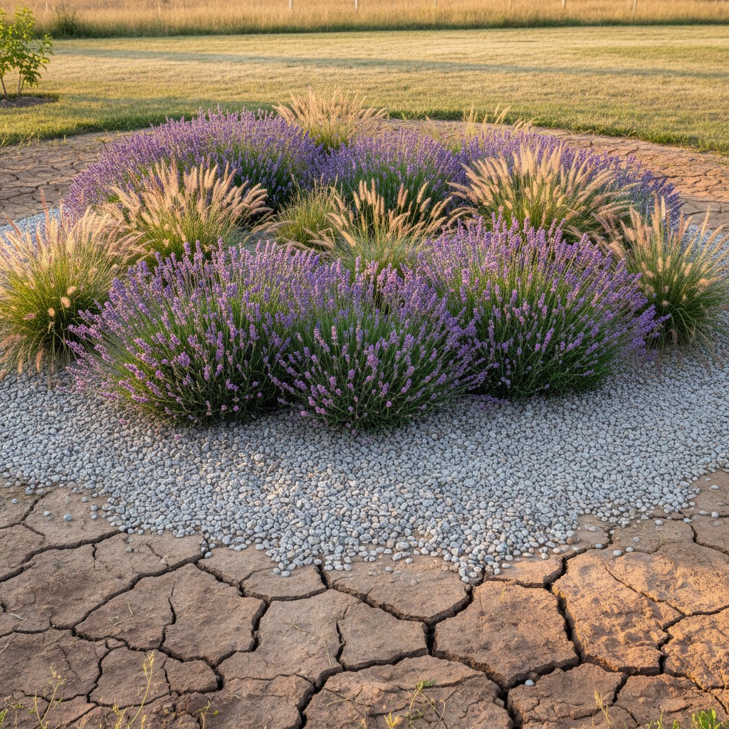 Thriving gravel garden during drought with healthy blooming plants