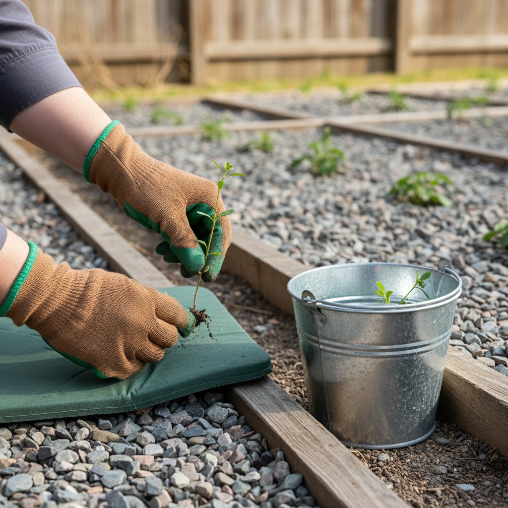 Gloved hand weeding a sprout from between gravel mulch with kneeling pad