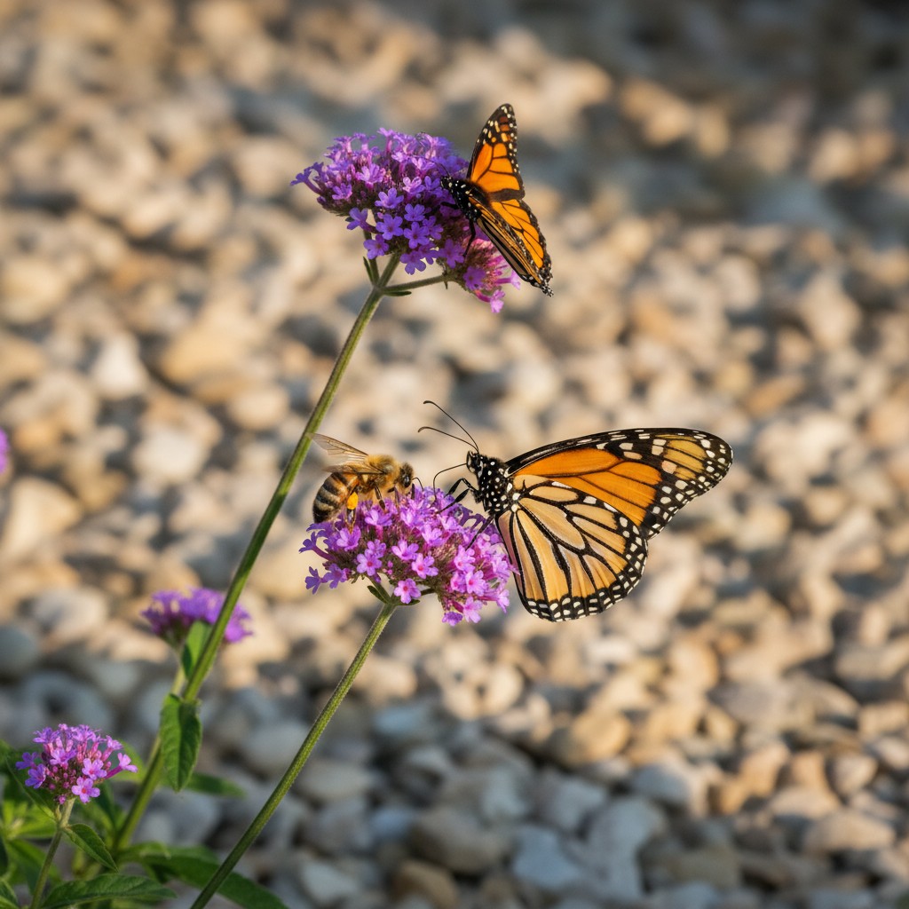Honeybee and butterfly visiting verbena and sedum flowers in a gravel garden