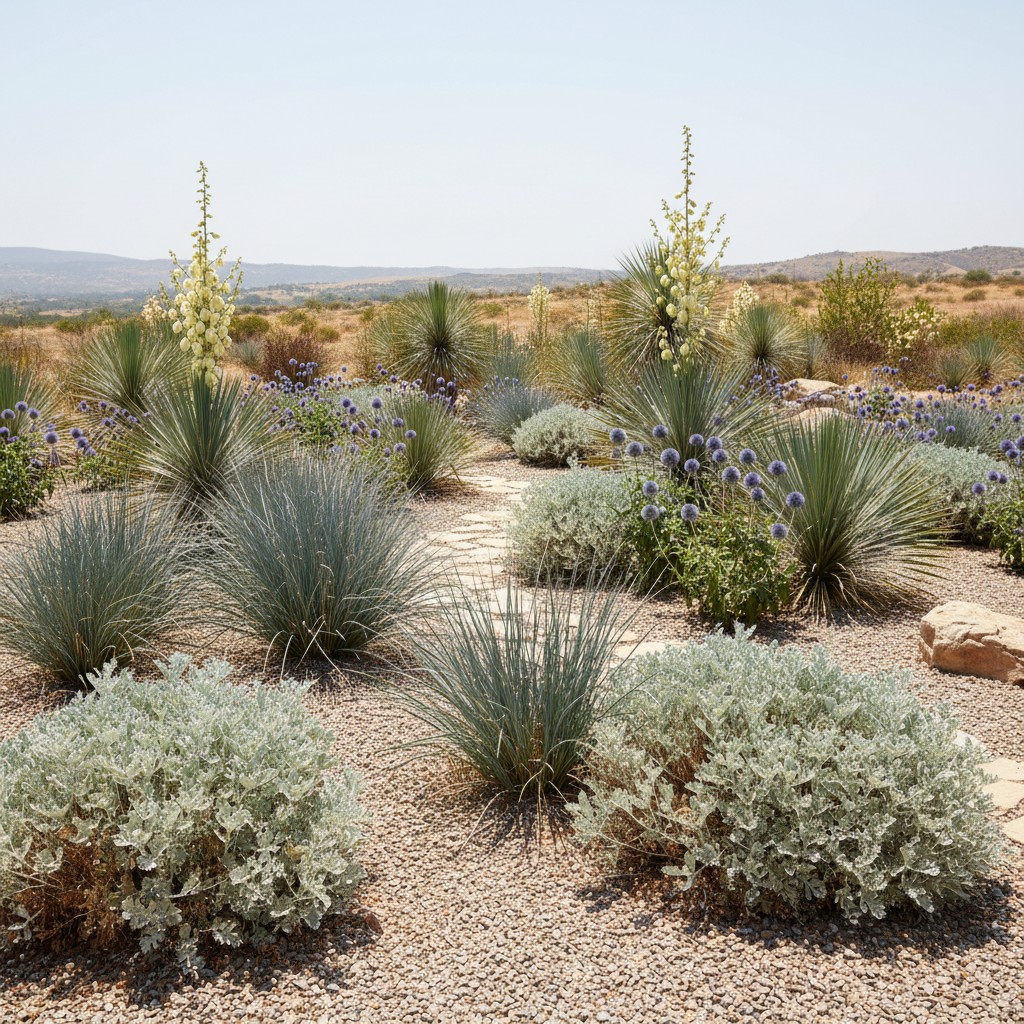 Hot dry climate gravel garden with artemisia, blue oat grass, yucca, and echinops
