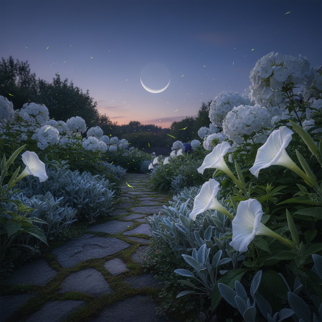 A moon garden at twilight with white moonflowers and silver foliage glowing in the fading light