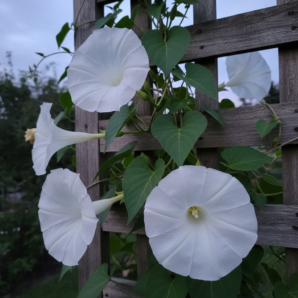 White moonflower trumpet blossoms fully open at dusk on a wooden trellis