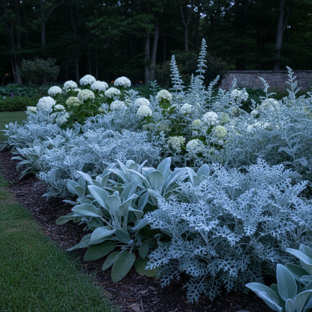 Silver and white foliage plants including lamb's ear and dusty miller catching moonlight