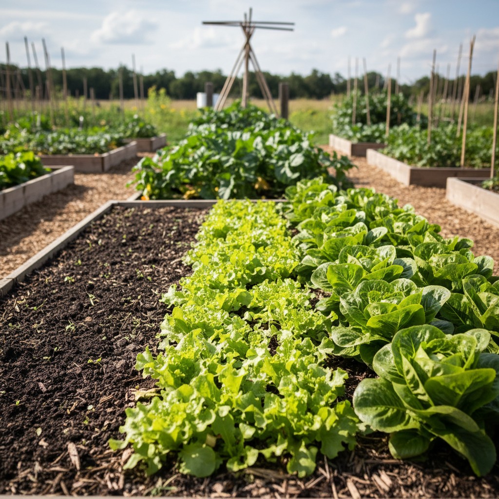 Three sections of lettuce at different growth stages from seedlings to harvest-ready heads