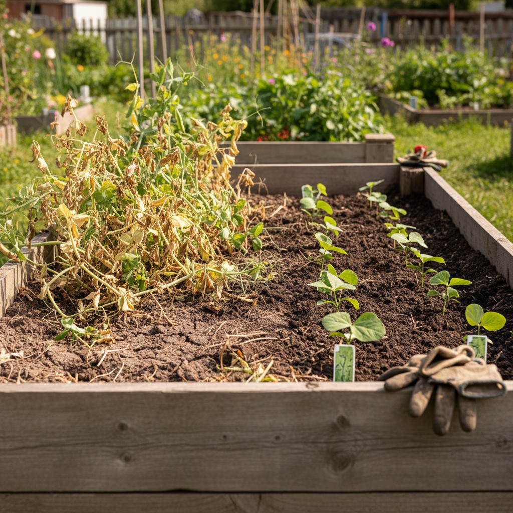 A raised bed with spent pea vines being removed and fresh bean seedlings planted in the cleared space