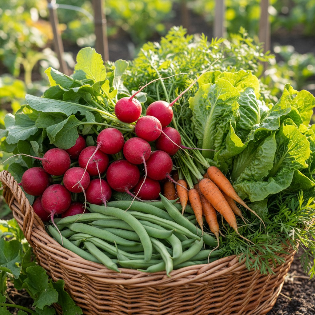 A harvest basket with radishes, bush beans, baby carrots, and lettuce from succession plantings
