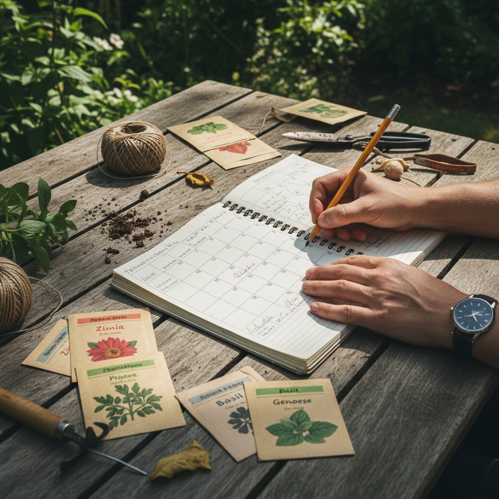 Hands writing in a garden planting journal with seed packets on a wooden table