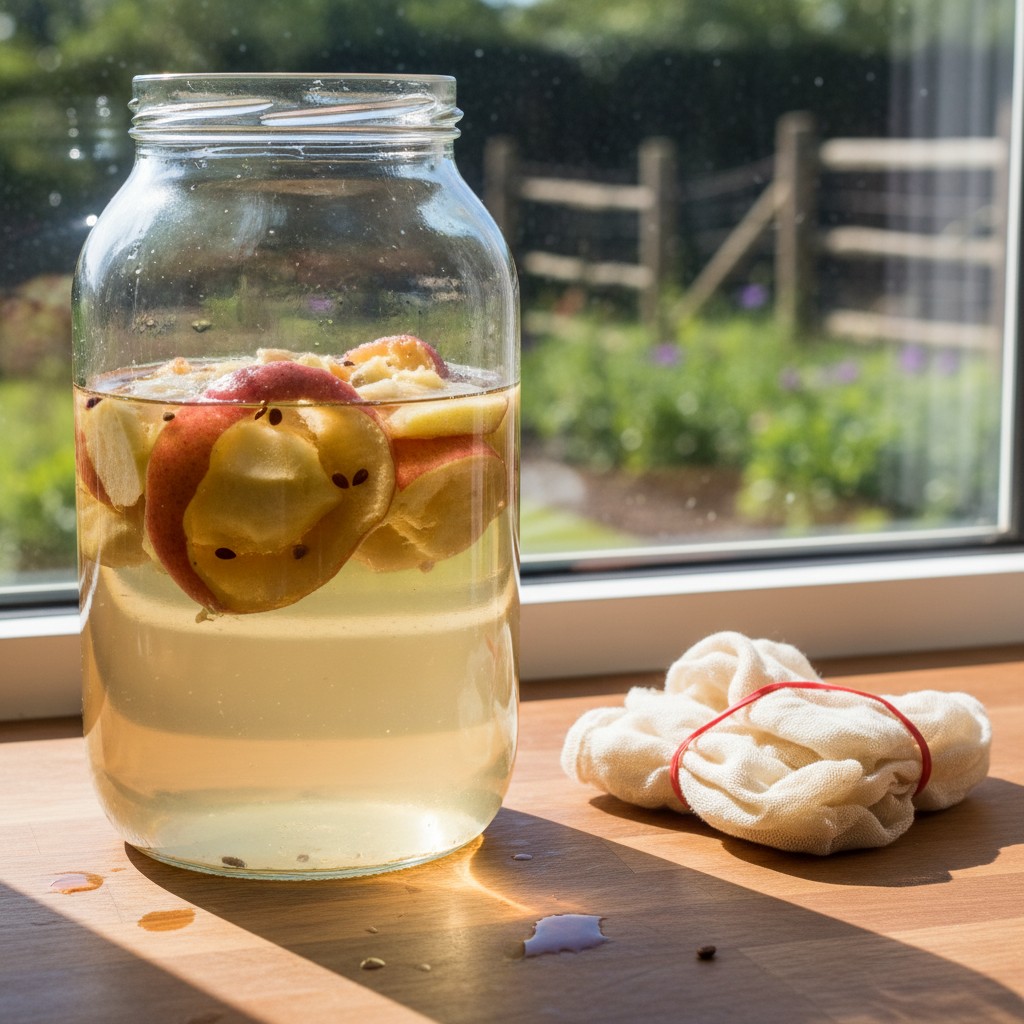 A glass jar filled with apple cores and peels in water with cheesecloth nearby