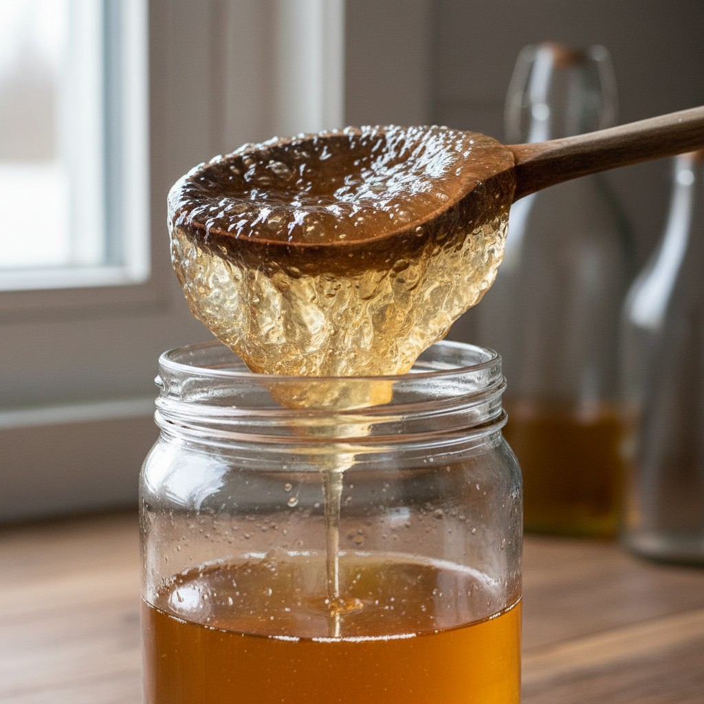A translucent vinegar mother disc being lifted from a jar of amber apple cider vinegar