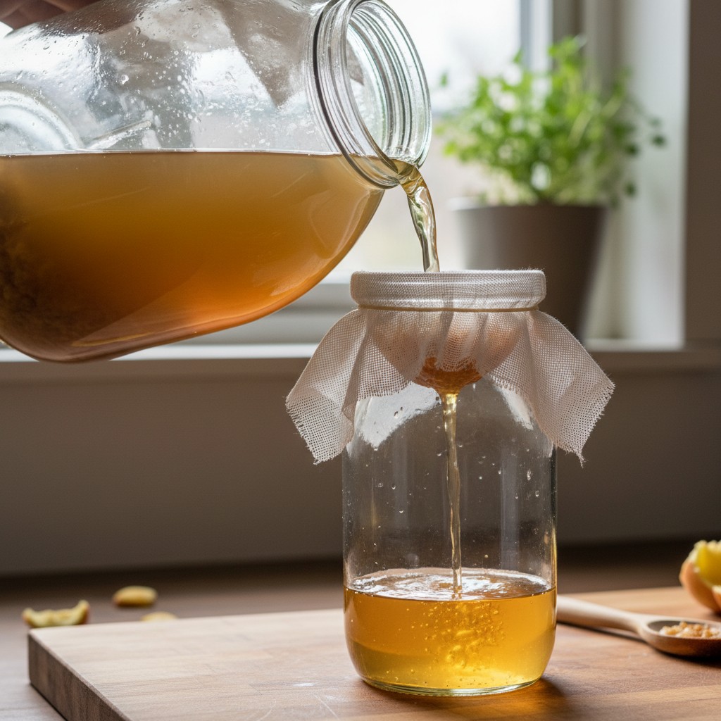 Apple cider vinegar being strained through cheesecloth into a clean glass bottle