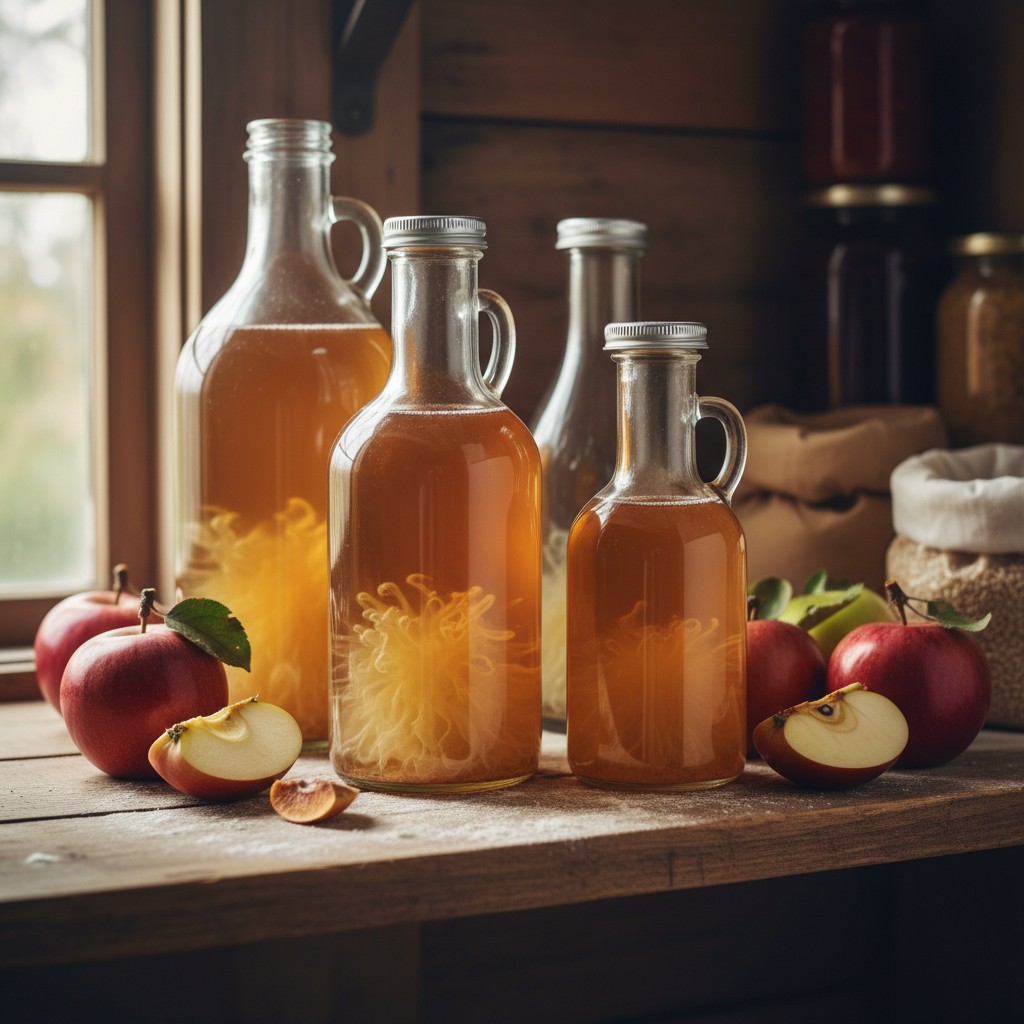 Glass bottles of homemade raw apple cider vinegar with visible mother sediment