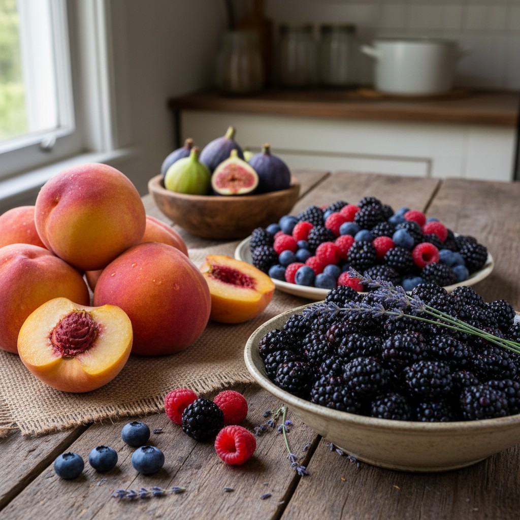 Fresh jam-making fruits: ripe peaches, mixed berries, fresh figs, and blackberries with lavender