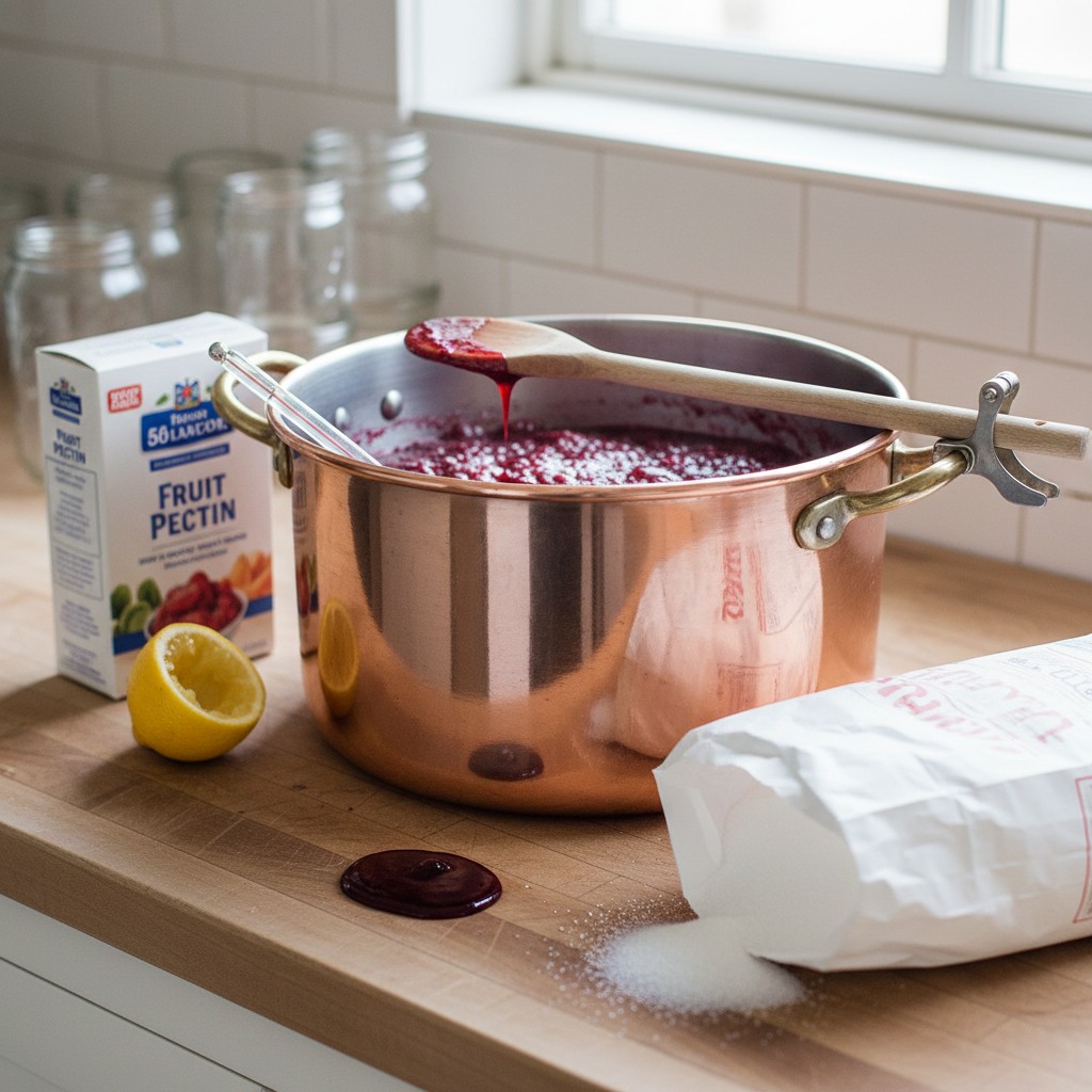 Jam-making setup: copper pot, pectin, sugar, lemon, candy thermometer, and wooden spoon