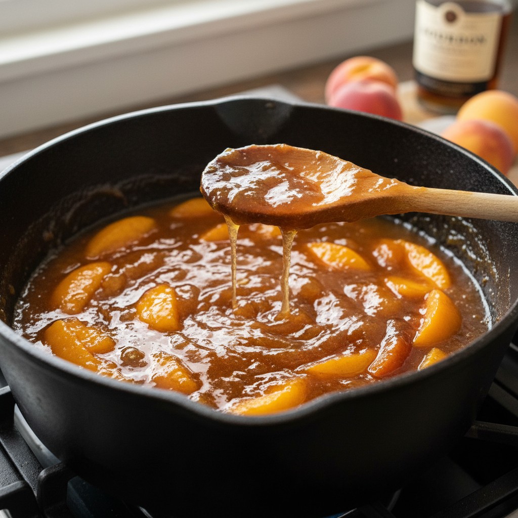 A pot of peach bourbon jam bubbling on the stove with golden peach chunks visible