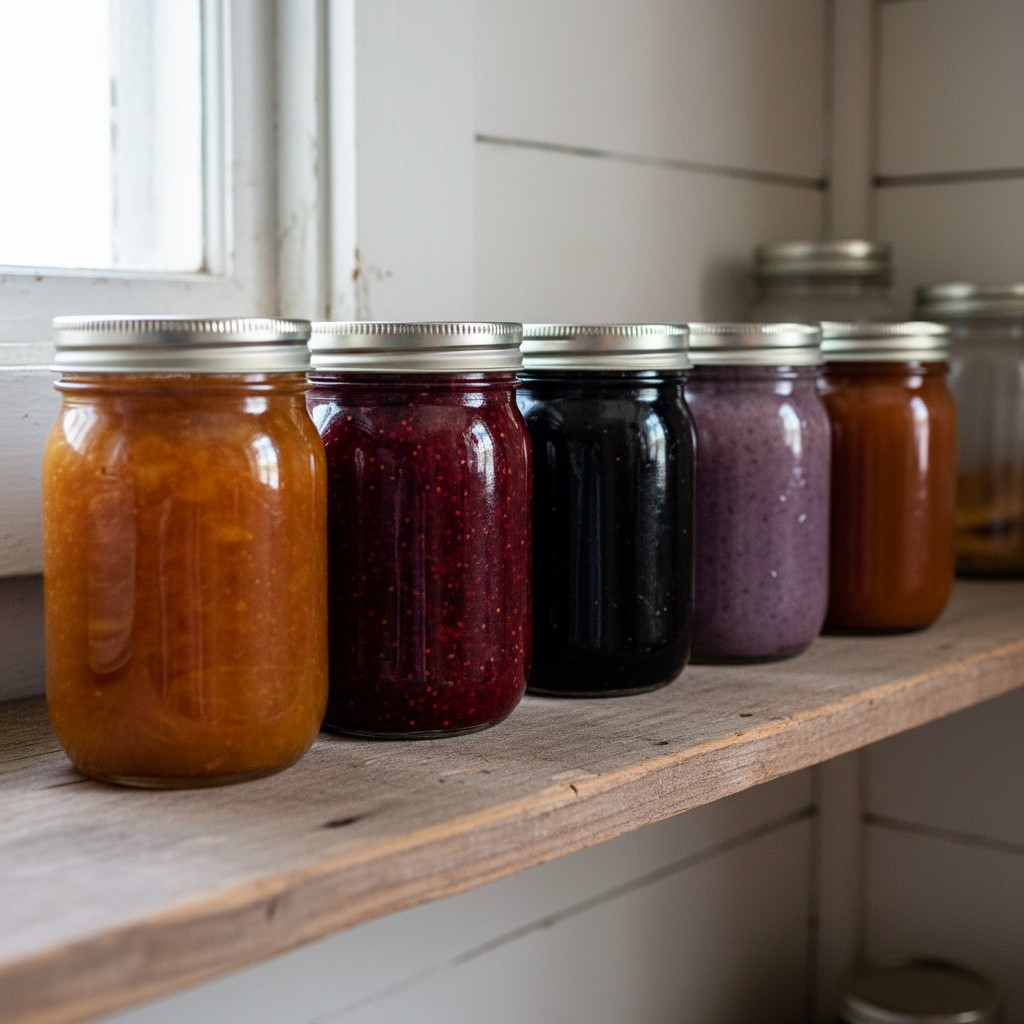 Five homemade jams in mason jars: peach, mixed berry, fig, blackberry lavender, and apple butter