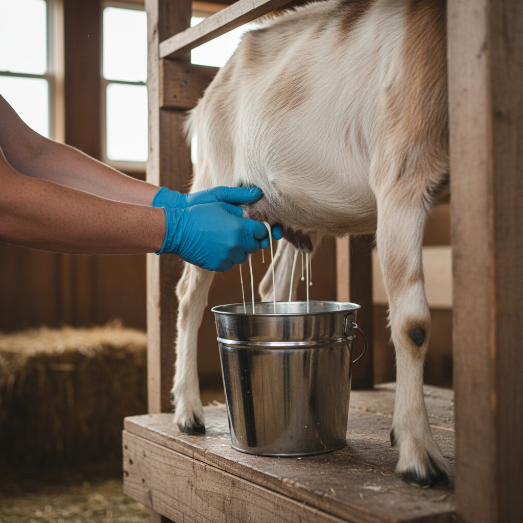 Gloved hands milking a goat into a stainless steel pail with streams of white milk