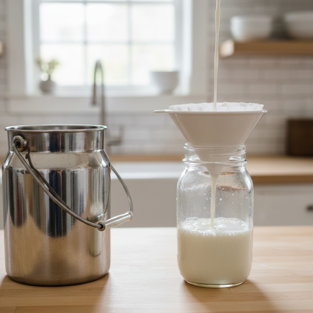 Fresh goat milk being strained through a milk filter into a clean glass mason jar