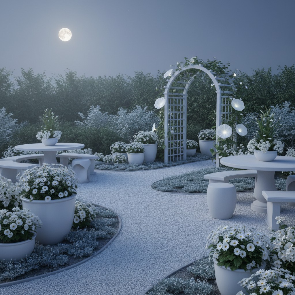 A designed moon garden patio with white gravel paths, pale stone seating, and white flowering containers
