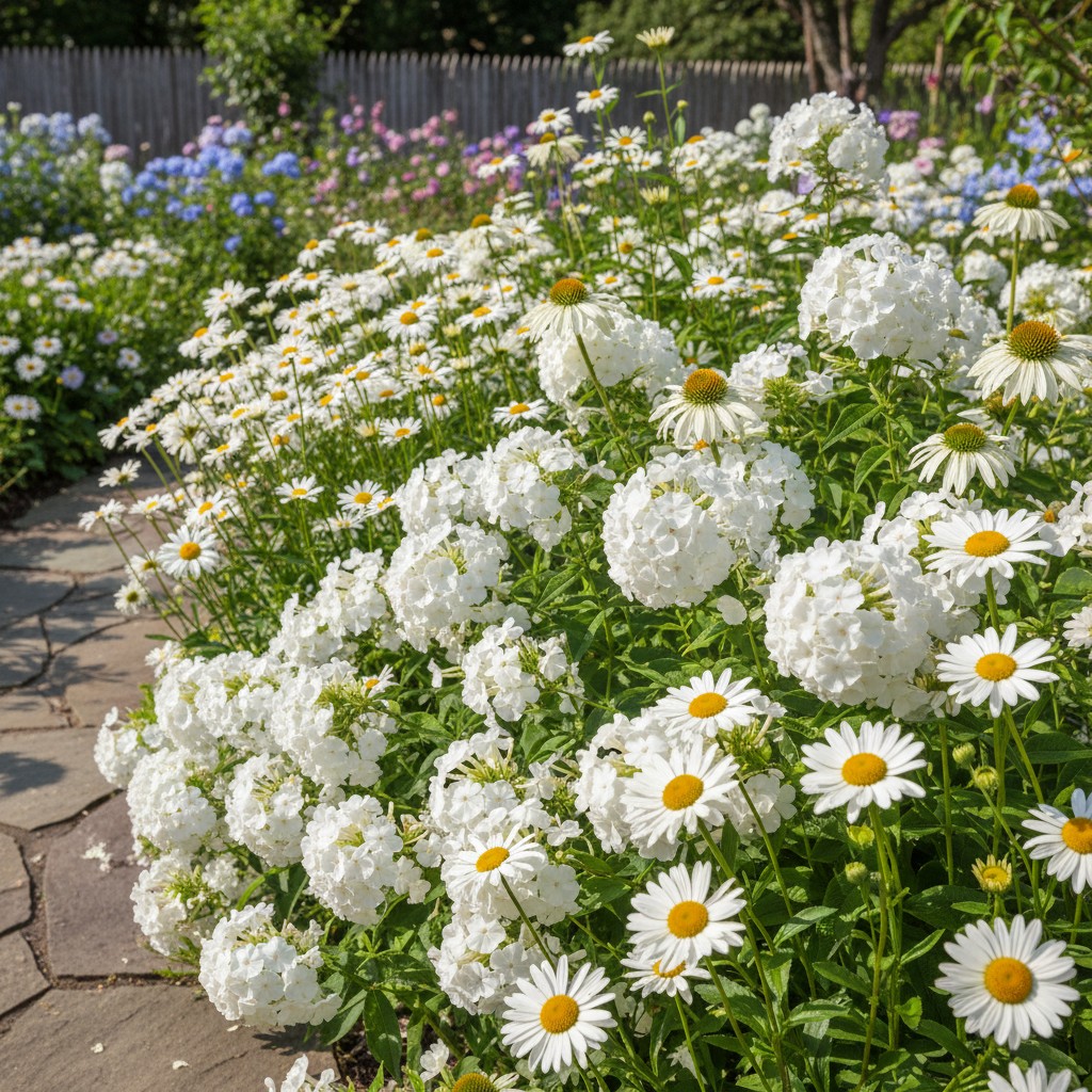 White garden phlox, white coneflowers, and shasta daisies in a cottage garden border